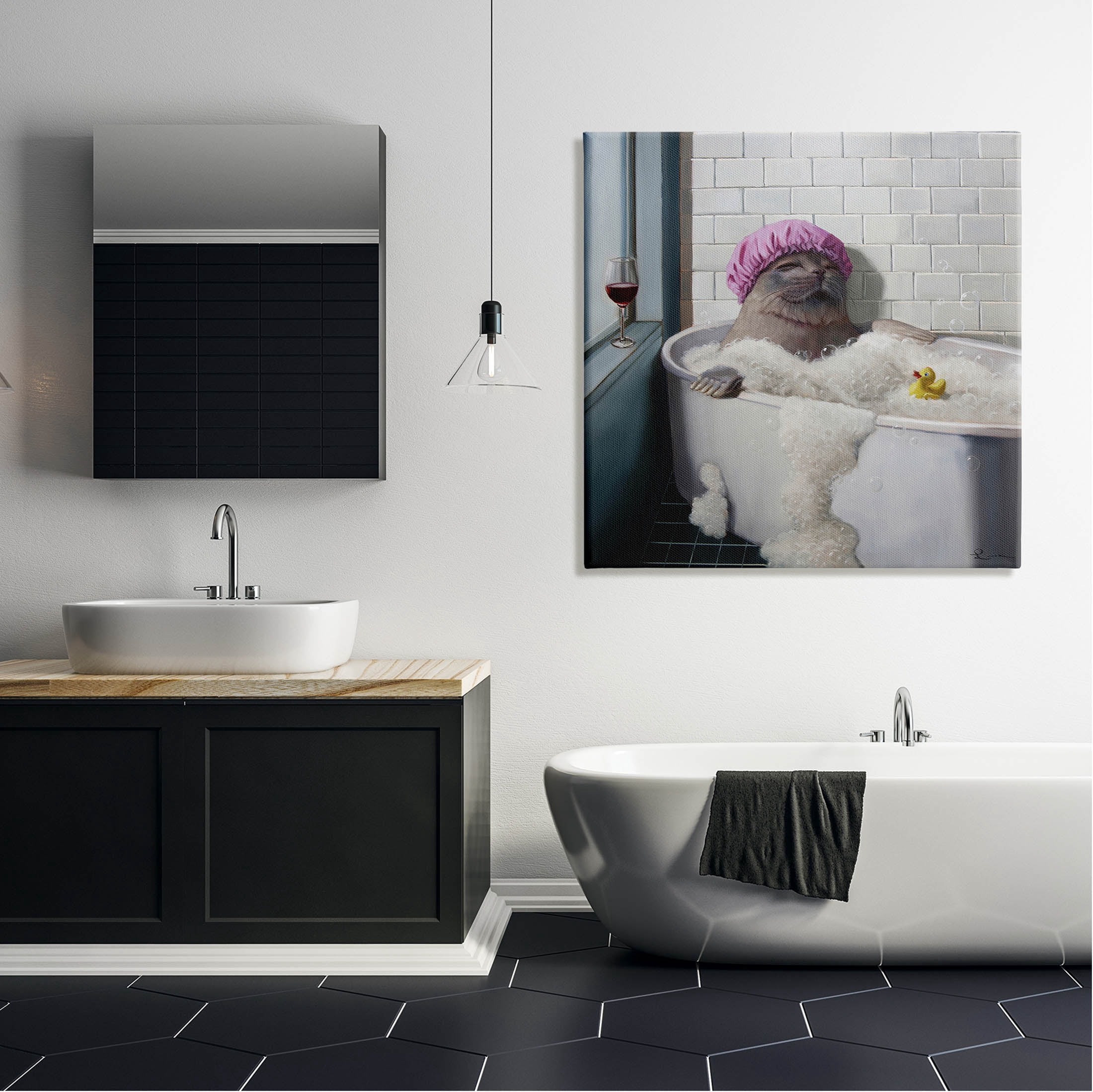 Relaxing Seal Bathtub Wine Glass Animals & Insects Graphic Art Gallery Wrapped Canvas Print Wall Art