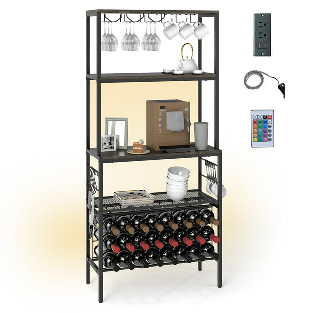 Gymax 3-Tier Wine Rack Coffee Bar Station w/Power Outlets Hooks Glass Holders Gray