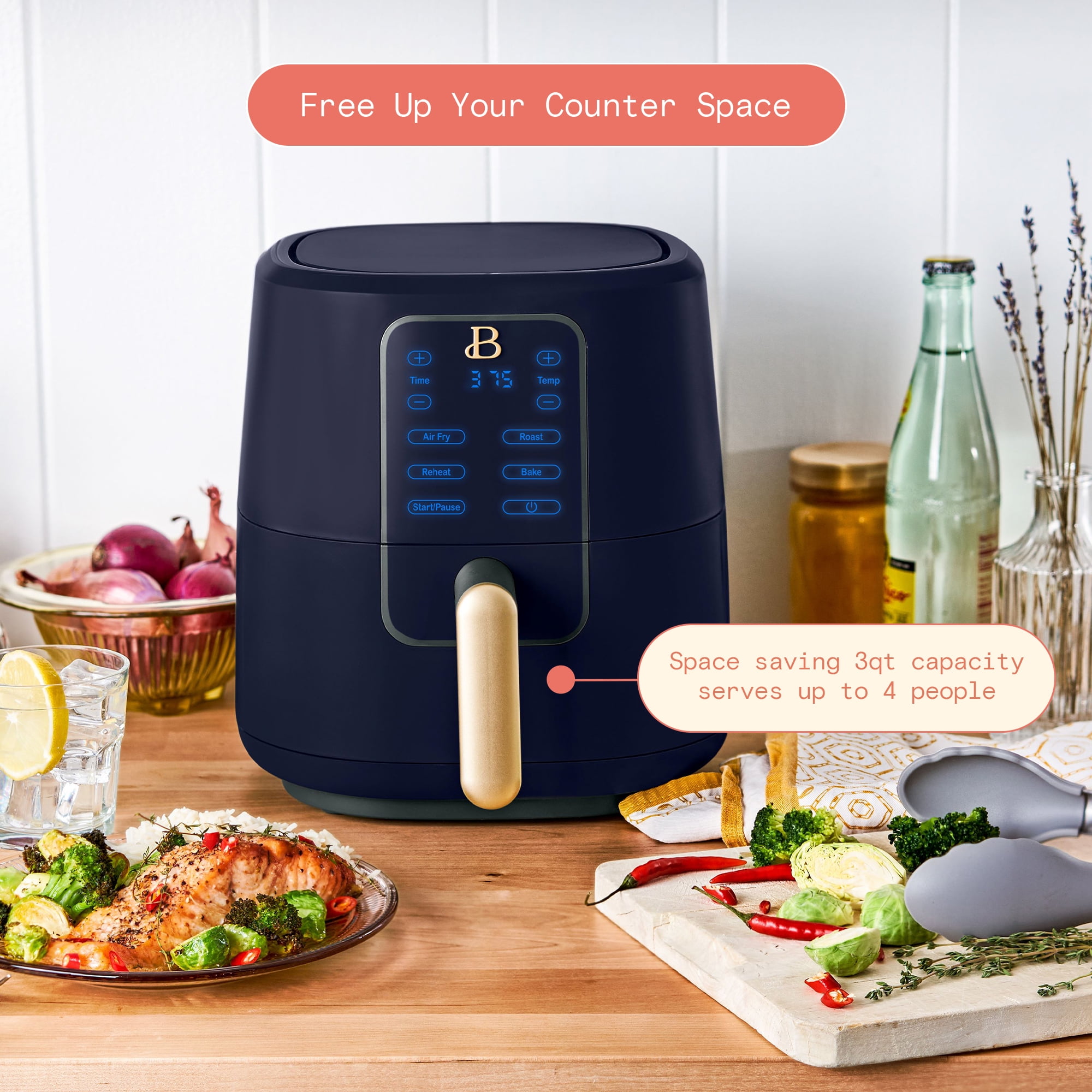 Beautiful 3 Qt Air Fryer with TurboCrisp Technology, Starry Night by Drew Barrymore, Blue