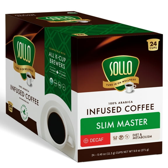 SOLLO Slim Decafenated Coffee Pods, Diet Support with Garcinia, GCBE and Vitamins, Bold Medium Dark Roast, Single Serve Pod, Compatible with Keurig K-Cup Brewers, 24 Ct