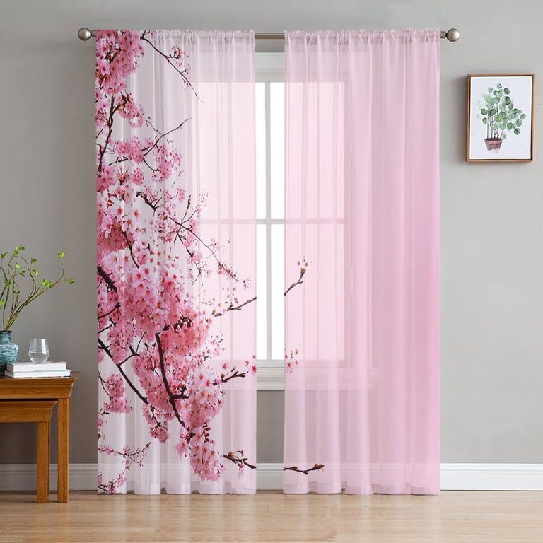 Pink Gradient Dense Cherry Blossom Flowers Tulle Curtains for