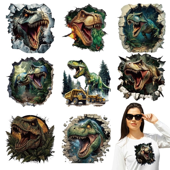 9 Sheets Dinosaur Theme Iron on Stickers Wall Breaking Dinosauro Print Transfer Stickers Decals