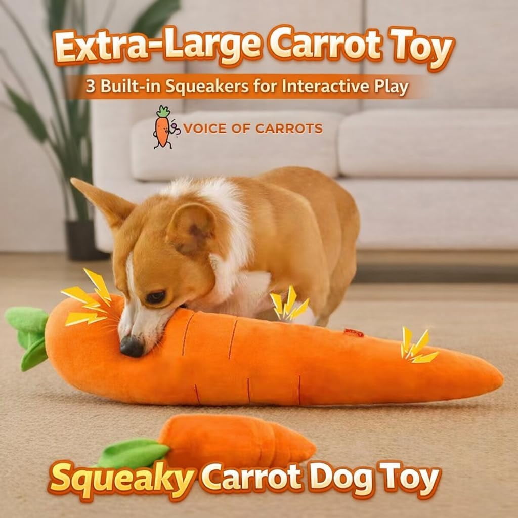 Giant Carrot Dog Toy – 29.5 Inch Large Stuffed Plush Toy with Squeaker, Durable Extra Long Chew Toy for Small, Medium & Large Dogs