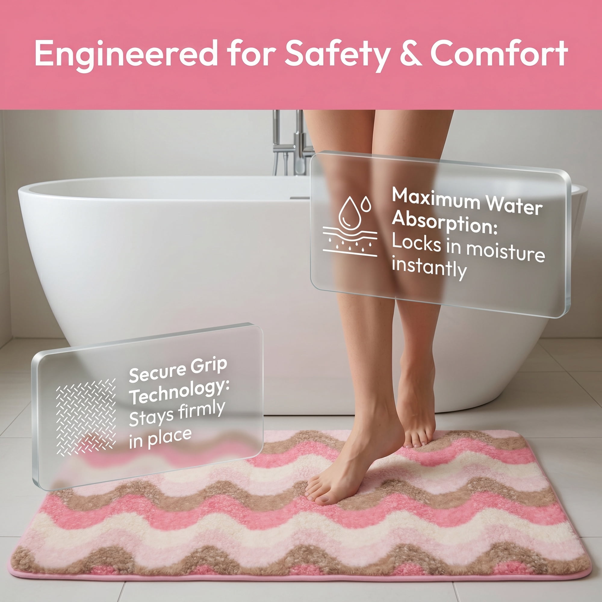 Unique Bargains Absorbent Non-Slip Machine Washable Geometric Bath Mat Rose Pink 24" x 16"