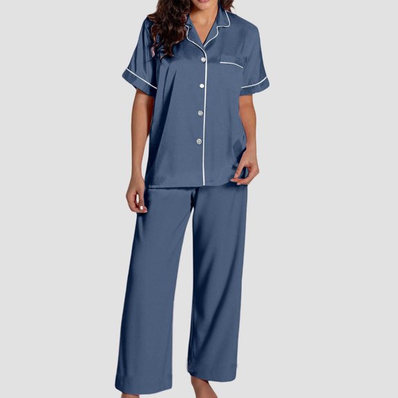 Women's Solid Pajama Set Short Sleeve Button Down Top with Shorts Nightwear