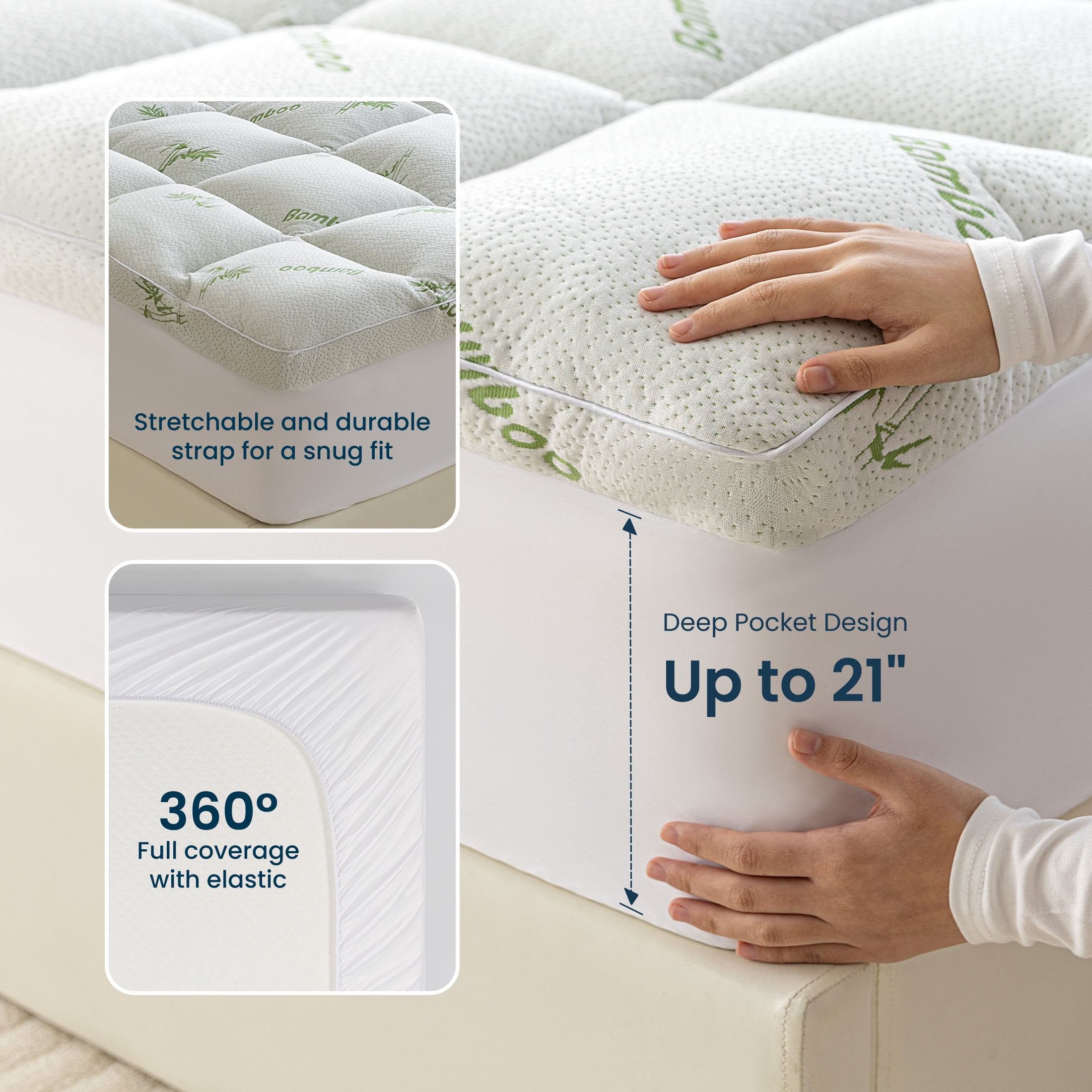 Sleep Zone Bamboo Mattress Topper Full Size with Deep Pockets, Soft Breathable Mattress Pad for Back Pain Relief, White
