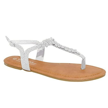 

TRENDSup Collection Womens T-Strap Buckle Flats Sandals (5.5 Silver Glitter)