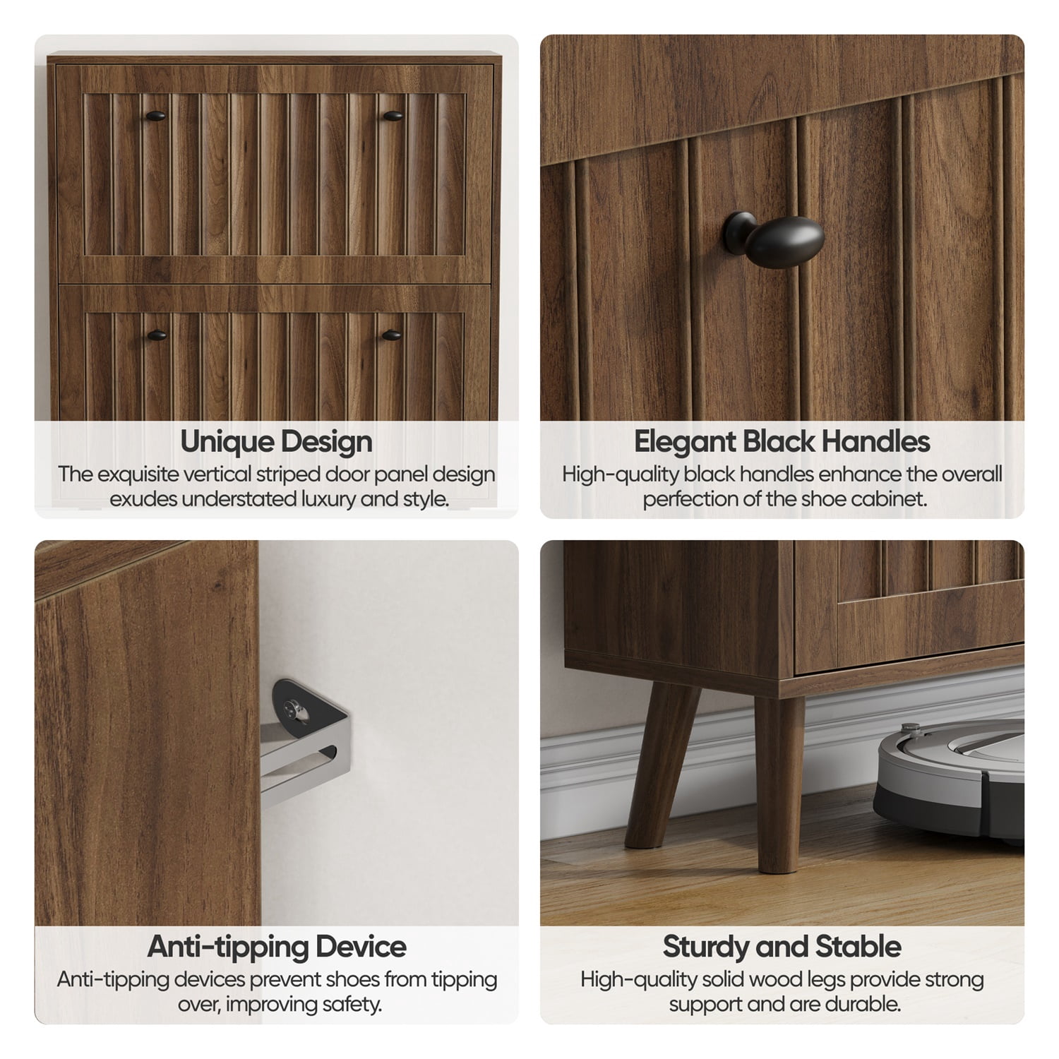 Hommoo Modern 2 Flip Drawers 31.5" Shoe Cabinet with Vertical Grooved Finish and Solid Wood Legs, Storage Shoe Cabinet for Hallways, Walnut