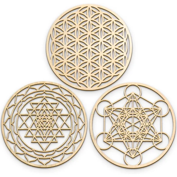 Fourth Level MFG 3-Piece 12" Sacred Geometry Wood Wall Art Set A (Flower of Life, Metatrons Cube, Sri Yantra), Zen Home Decor for Yoga/Meditation, Crystal Grid Board, Wooden Wall Hanging Sculptures, C