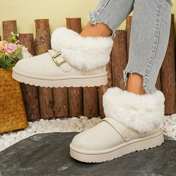 Viluyesy Winter Snow Boots for Womens, Furry Collar Thick Sole Comfortable Slip-On Suede Ankle Boots White US7