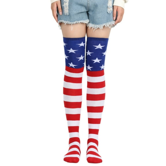 Women American Flag Thigh High Stockings Star Stripes Design Over Knee Socks