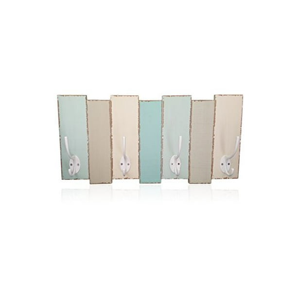 Beachy Wood Wall Rack-4 Double Metal Hooks-Distressed Beach Decor Finish 16 inch x 8 inch by Tumbler Home