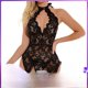 thumbnail image 3 of Ropa interior de una pieza con medias de tentación sexy con escote en V y encaje halter con pantalones T para mujer, 3 of 4