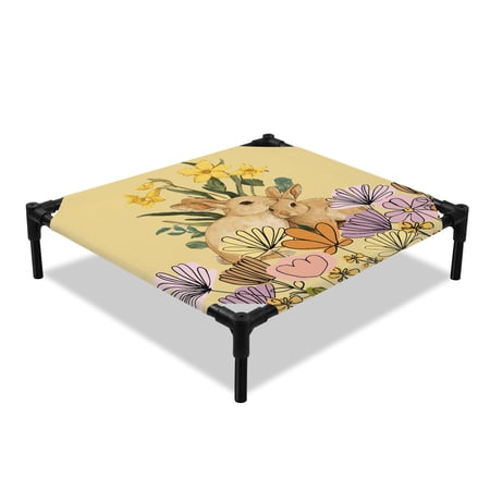 Easter Rabbits Elevated Dog Bed Spring Floral Leaf Bunny Yellow Background Cooling Breathable Outdoor Raised Dog Cot Bed with Metal Frame Non-Slip Feet for Small Dog 20x20in