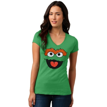 - Sesame Street Oscar the Grouch Face Junior Ladies V-Neck T-Shirt