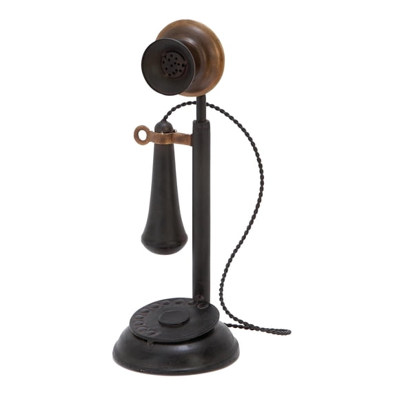 5" x 13" Black Metal Vintage Style Faux Phone Telephone Sculpture with Tiered Base and Fake Coil Wire, by DecMode