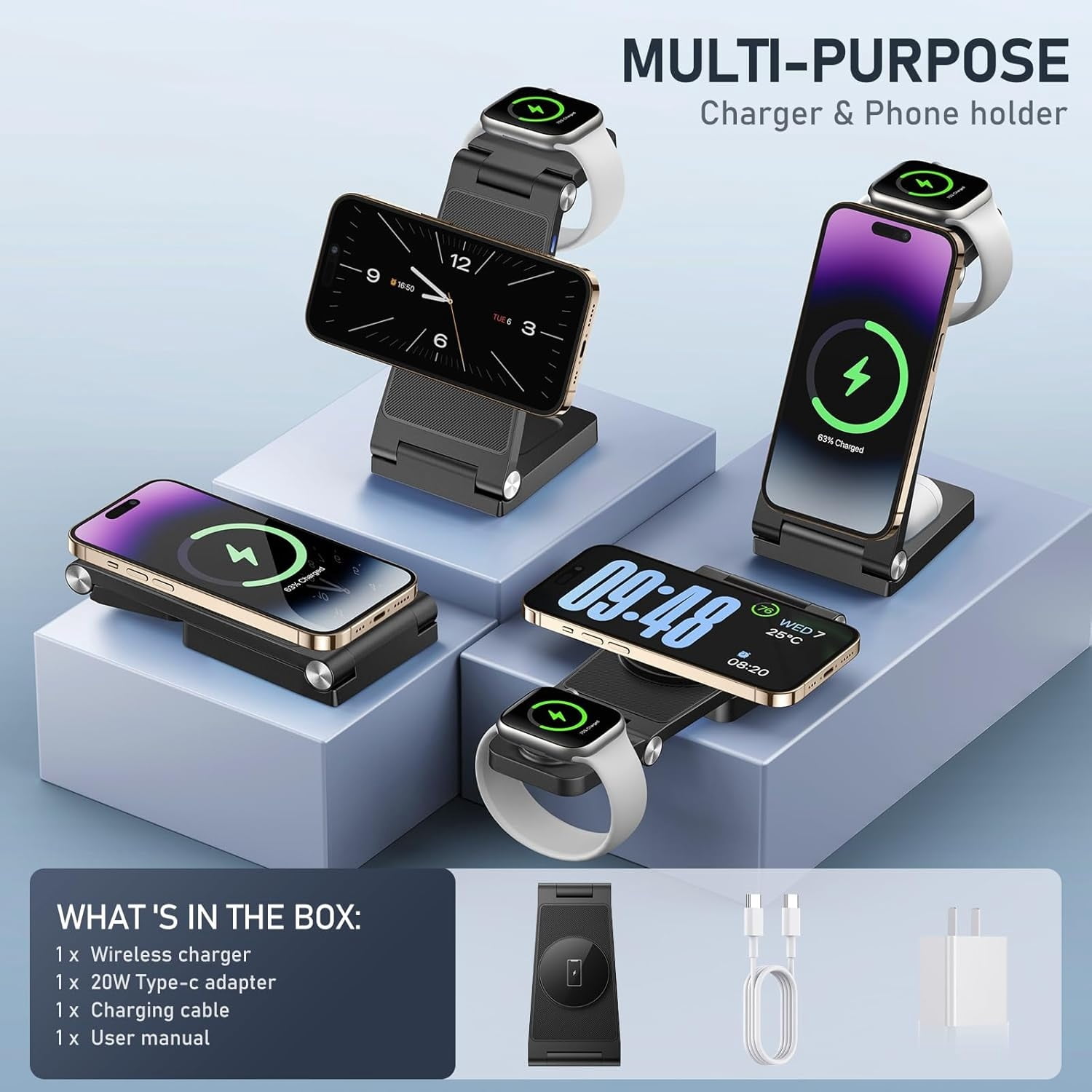 Magnetic Wireless Charger Stand, 3 in 1 Foldable Wireless Charging Station, Travel Charger for Multiple Devices for iPhone 16 15 14 13 12 Series, Apple Watch Ultra/9/8/7/6/5/4/3/2, AirPods,Black