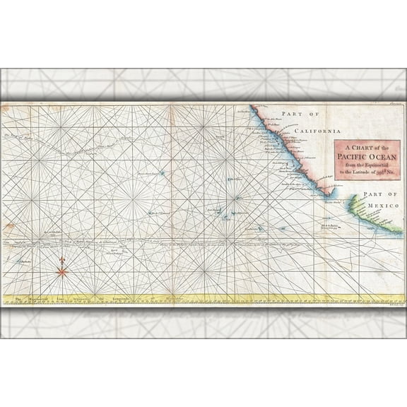 24"x36" Gallery Poster, 1748 Anson Map of Baja California and the Pacific with Trade Routes from Acapulco to Manila - Copy