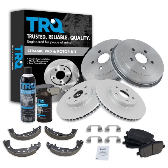 TRQ Front & Rear Ceramic Brake Pad Coated Rotor Shoe & Drum Kit w/Fluids BKA23639 Fits select: 2003-2008 TOYOTA COROLLA
