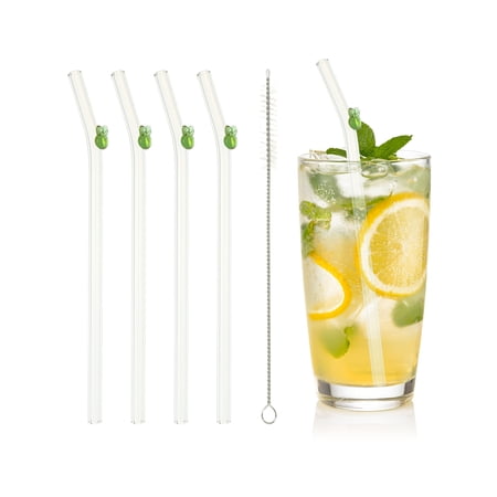 Uxcell 4 Pcs Reusable Glass Straws, 7.87" Rabbits Glass Straw Shatter Resistant Clear Cute Straws for Whiskey Coffee Juice Soda Drinks Tea, Green