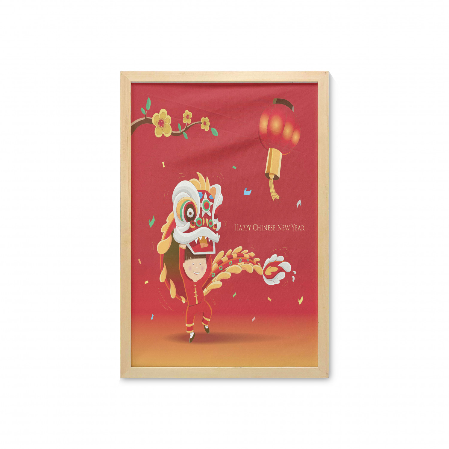 Chinese New Year Wall Art with Frame, Little Boy Performing Lion Dance with the Costume