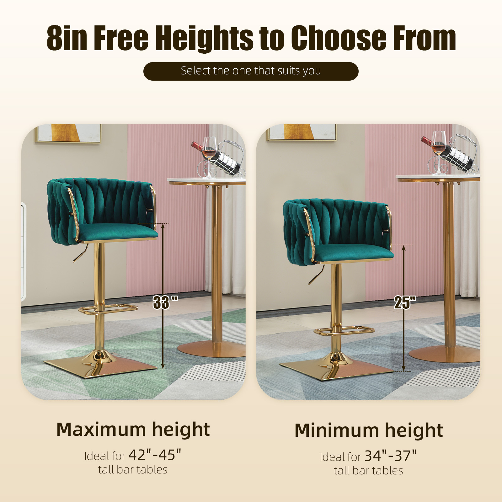 Villeston 360°Swivel Bar Stools Velvet Upholstered Adjustable Bar Chairs Set of 2 with Back & Footrest for Home and Kitchen,Emerald