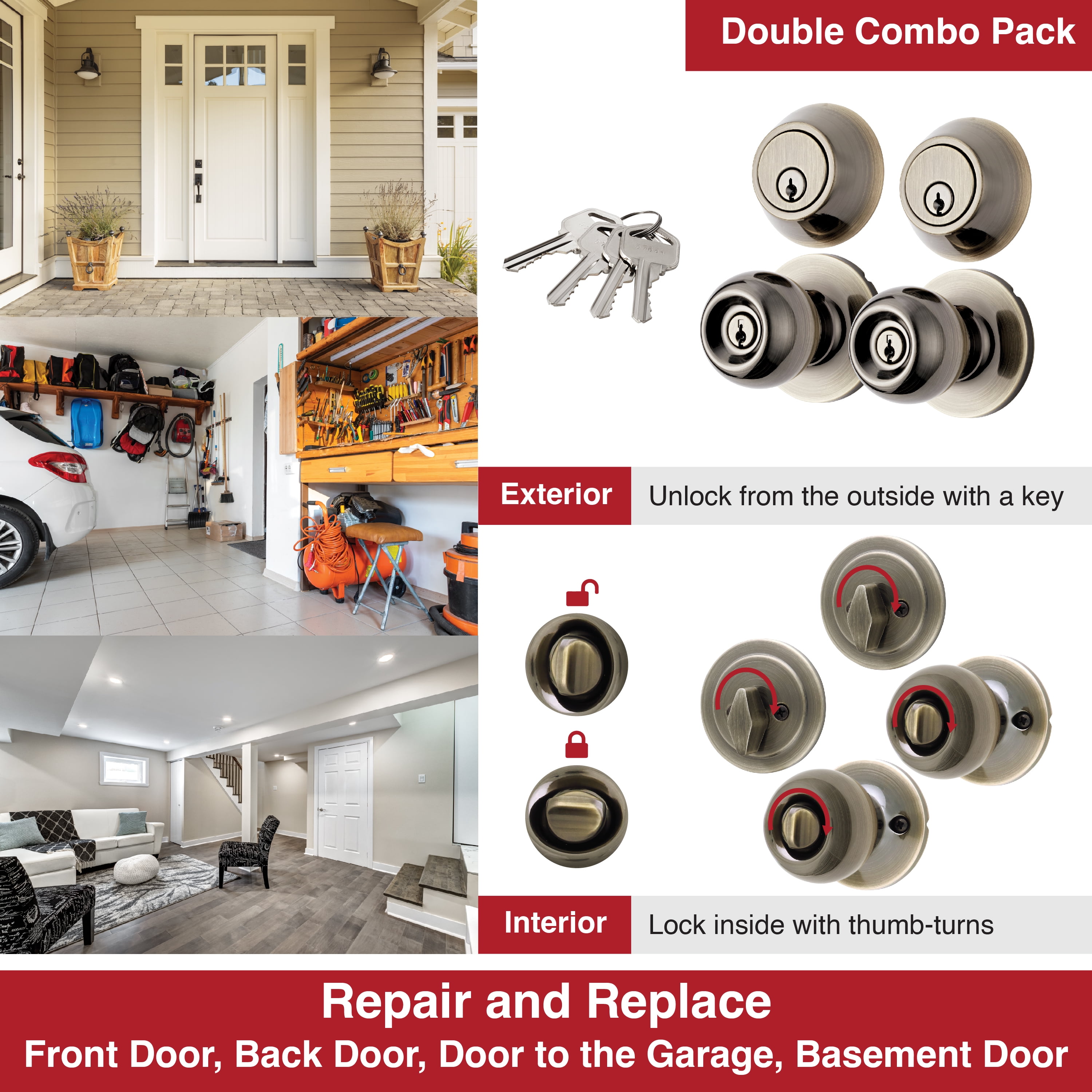 Hyper Tough Ball Combo Twin Pack Antique Brass (2 Entry Doorknobs + 2 Deadbolt Locks)