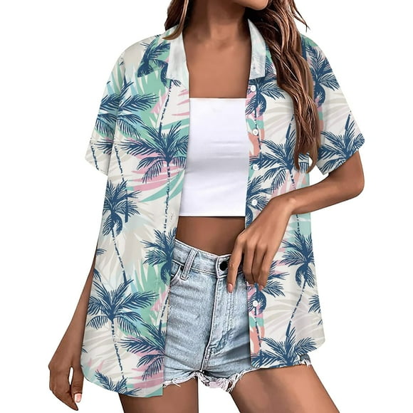 Women Shirts Clearance Items Women's Linen Shirt Women's Shirt Soft Cool Summer Shirt Floral Tropical Print V Neck T Shirt Short Sleeve Button Lapel Top