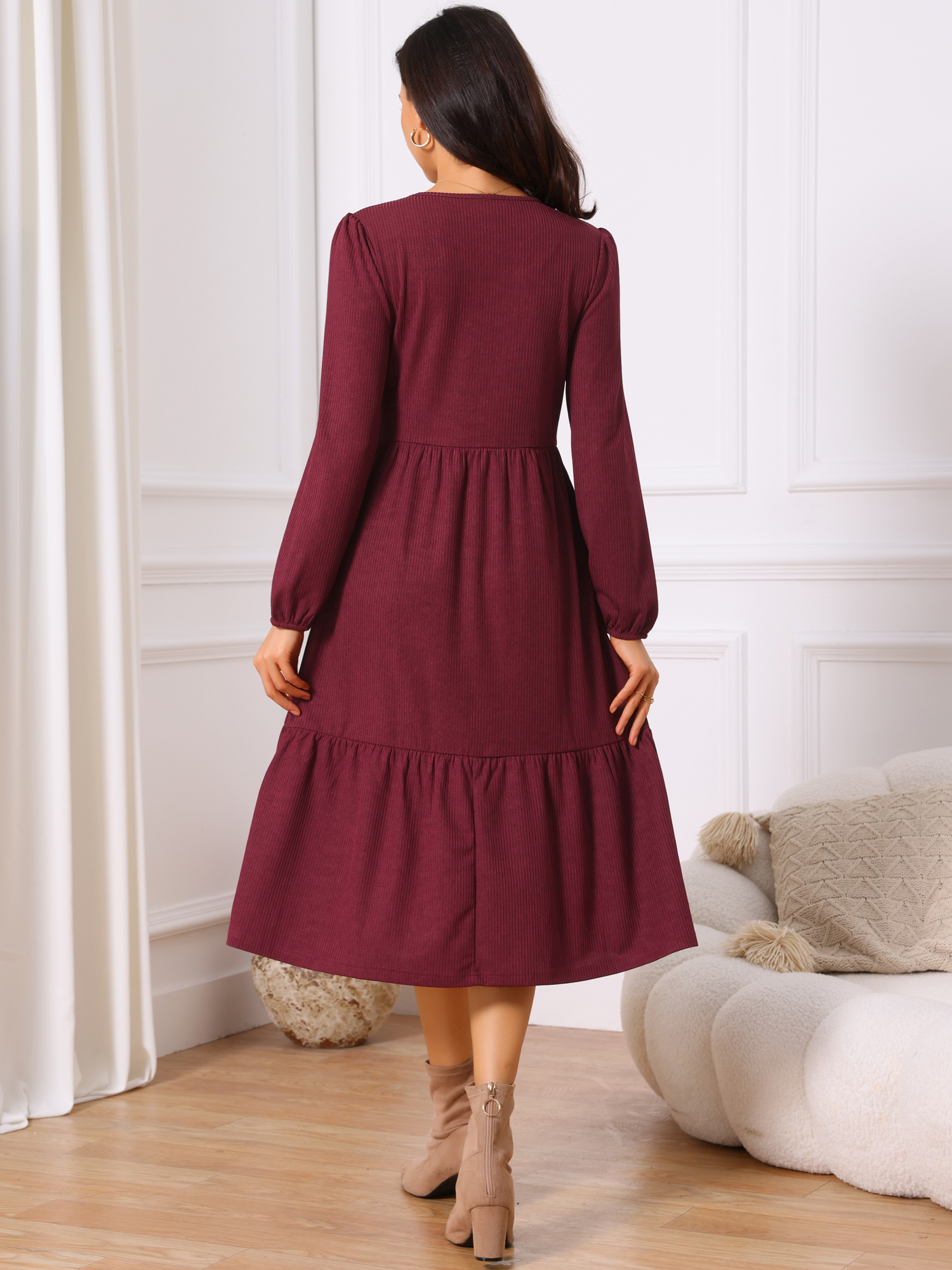 DARING DIVA Tiered Long Sleeve Round Neck Knit A-Line Midi Dress S Burgundy