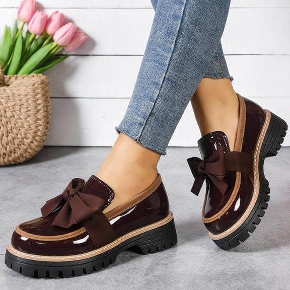 Bowknot Loafers Shoes for Women Anti-Slip Bow Loafers Slip-On Round Toe Casual Dressy Ballet Flats Office Business Work Everyday Wear Leather Shoe with Bow,Brown 40(US-7.5)