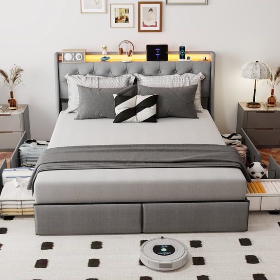 Mintazer Full Size Tufted Upholstered Storage Bed Frame with LED Light & Charging Station, Platform Bed Frame with 4 Drawers, No Box Spring Required, Grey