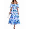 thumbnail image 3 of Women'S Summer Casual Midi Dress Puffy Short Sleeve Square Neck Smocked Tiered Ruffle Dresses Sky Blue Flowers L, 3 of 7