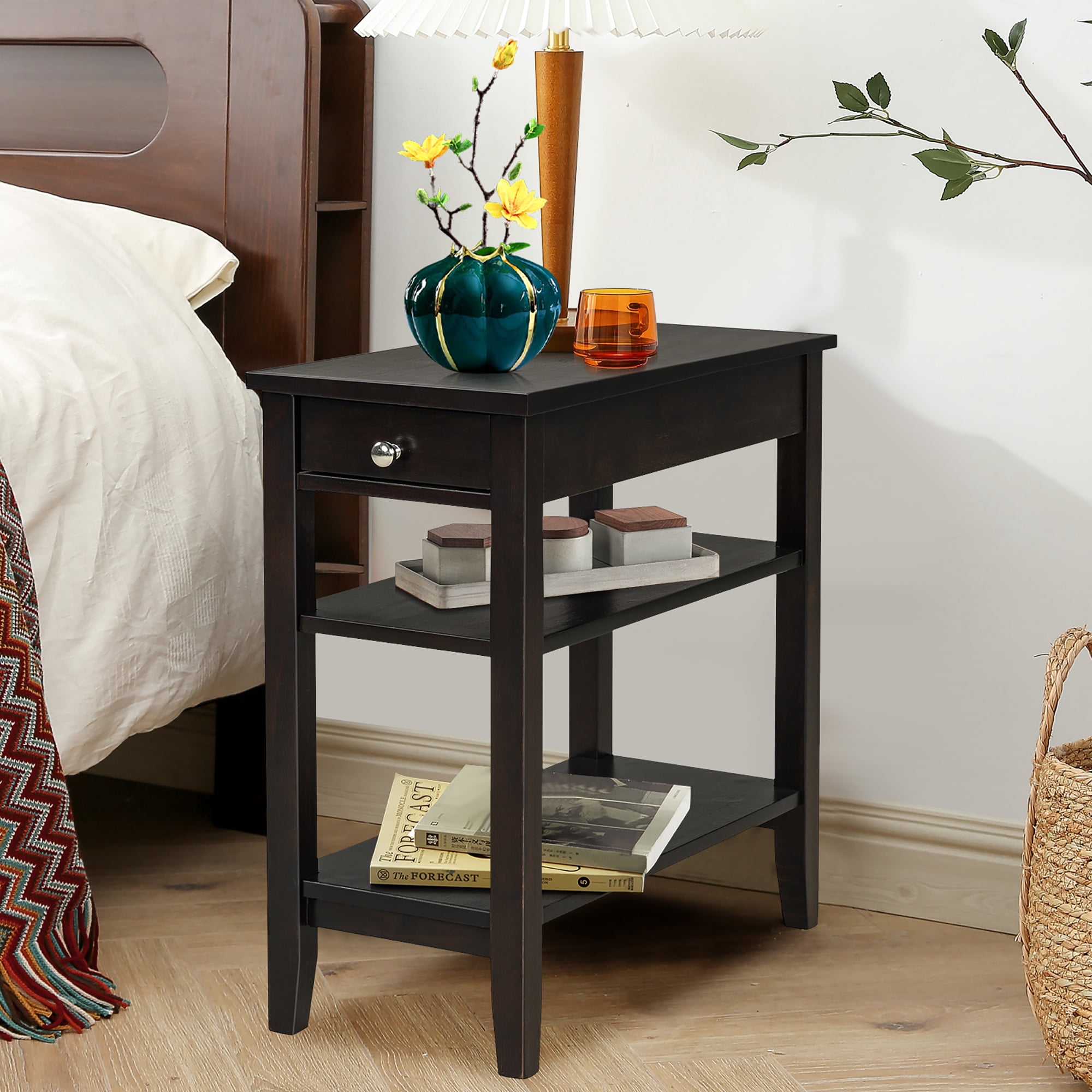 Costway 3-Tier Side End Table with Drawer Double Shelf Narrow Nightstand Espresso