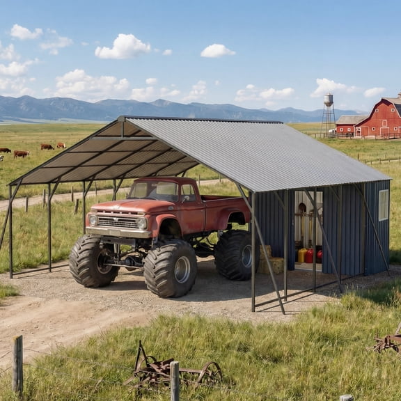 MOALCOFER 20 x 23 FT Peaked Roof Carport with 10 x 3 FT Storage Area, Heavy-Duty Metal Garage Shelter, All-Weather Outdoor Canopy for Vehicles & Tools, Gray