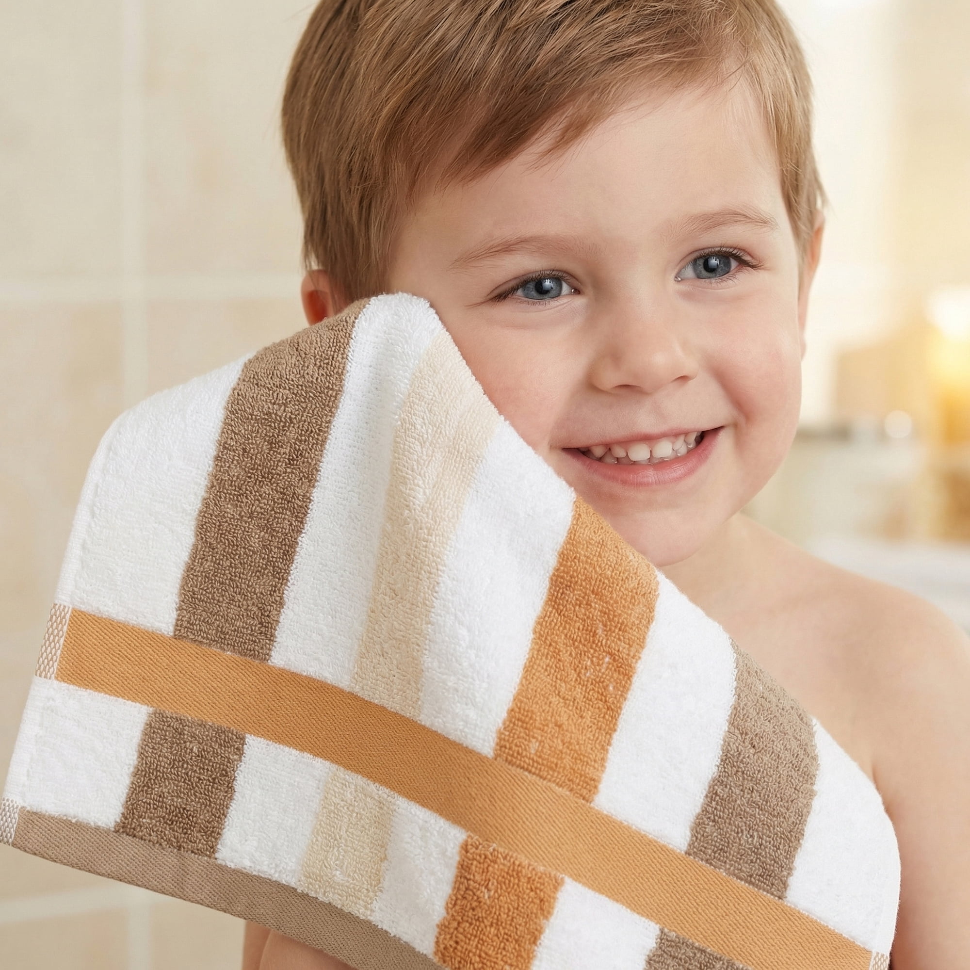 Unique Bargains 13 x 13 Inches Striped Cotton Showering Bathroom Washcloths Brown 6pk