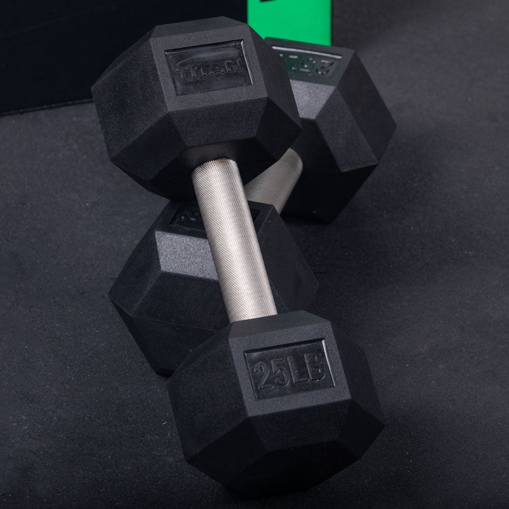 Titan Fitness 40 LB Pair Free Weights, Black Rubber Coated Hex Dumbbell, Straight Stainless Steel Handle, Strength Training, Full Body Workout