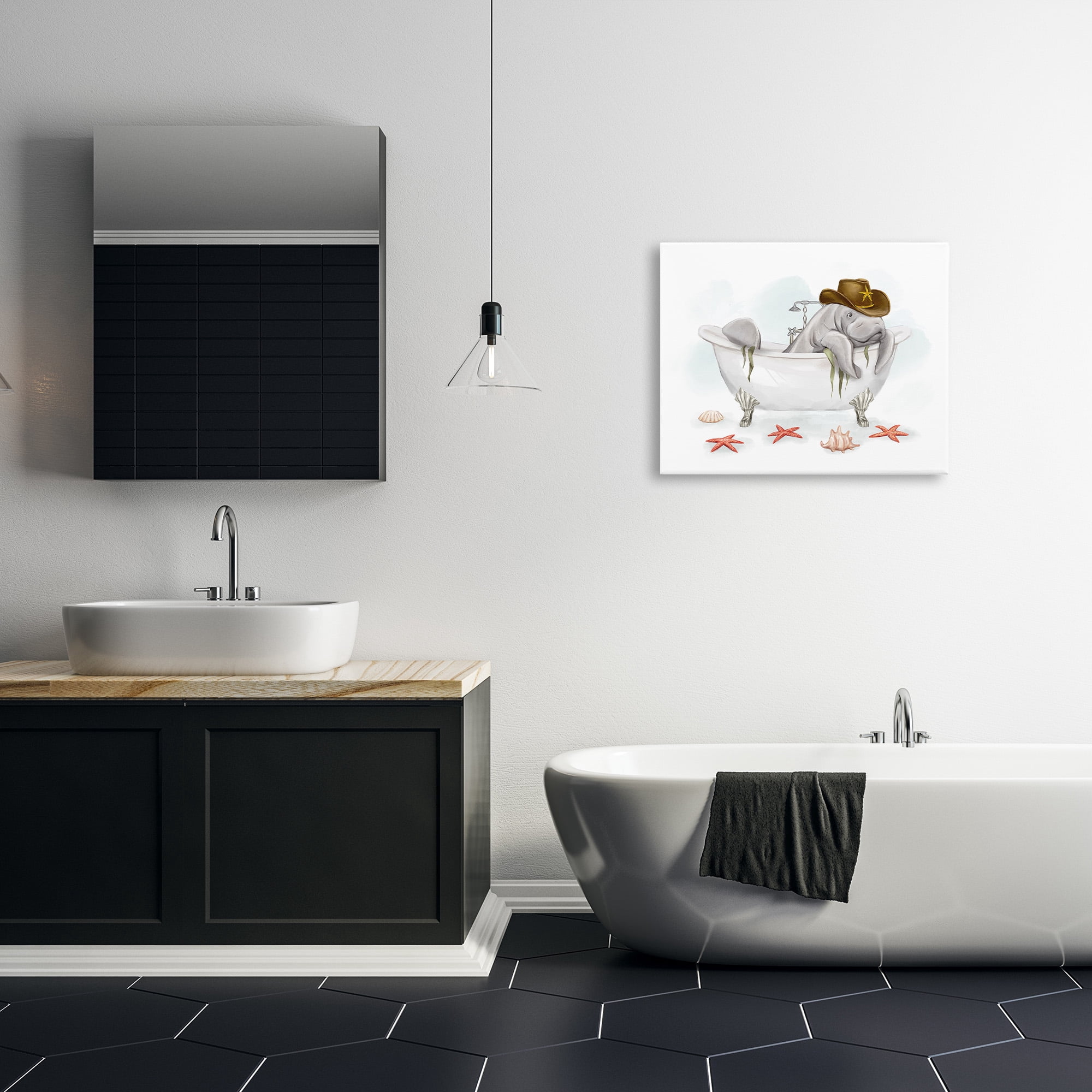 Stupell Industries Cowboy Manatee in Tub Animals & Insects Painting Gallery Wrapped Canvas Art Print Wall Art, 30 x 24