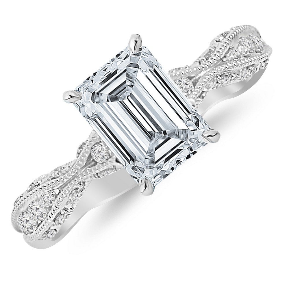 1 Carat Platinum Channel Set Eternity Curving Emerald Cut GIA Certified Diamond Engagement Ring (0.75 Ct K Color VS2 Clarity Center Stone)