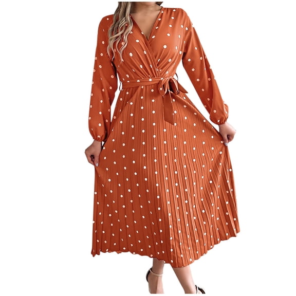 Sexlip Womens Long Sleeve Maxi Dress Belted Waist Design Lightweight Fabric Relaxed Silhouette for Vacation Looks Orange M