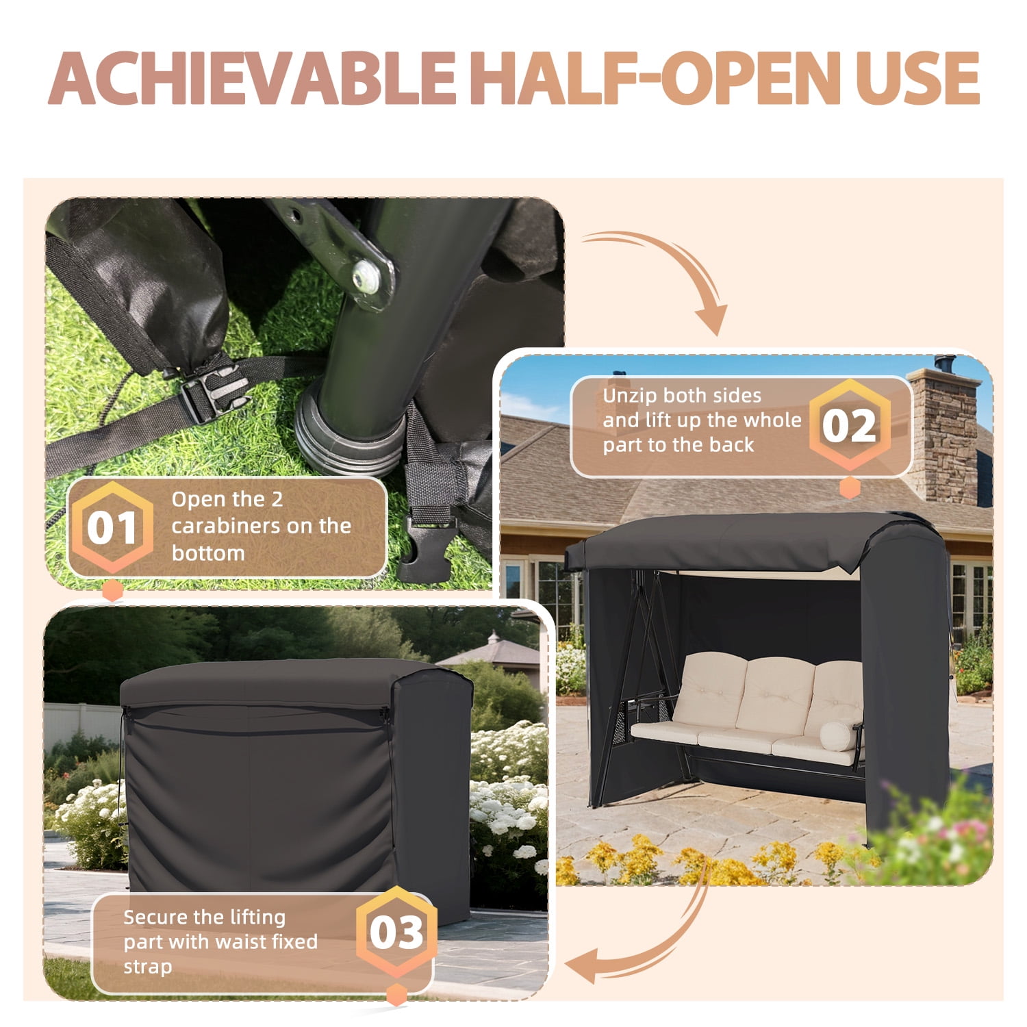 YODOLLA Outdoor Swing Cover 3 Seater Waterproof Swing Cover Outdoor Furniture Covers Patio Porch Swing Covers, Black