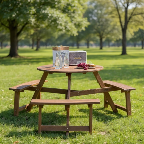Resenkos Round Wood Picnic Table Umbrella Hole and 3 Built-in Benches, Dark Brown