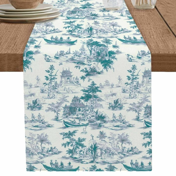 nqOlkjepod Green Garden Vintage Table Runner 72 Inches Long Farmhouse Dress Scarves, Modern Art Building Boat Tree Dining Tablerunner for Coffee Table/Kitchen Island/Party Décor, 18" x 72"