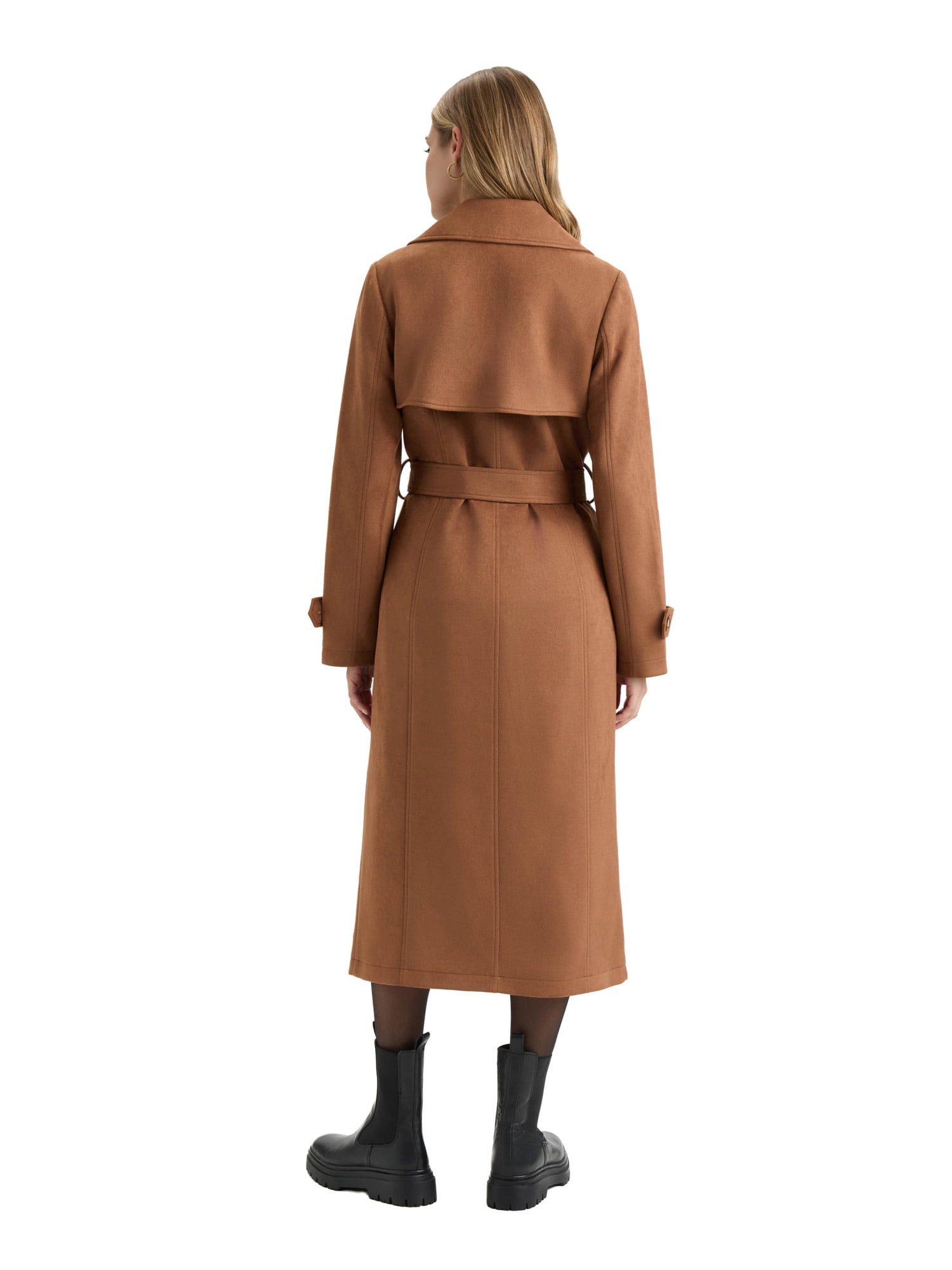 NOVELTI Womens Faux Suede Longline Belted Trench Coat with Side Pockets