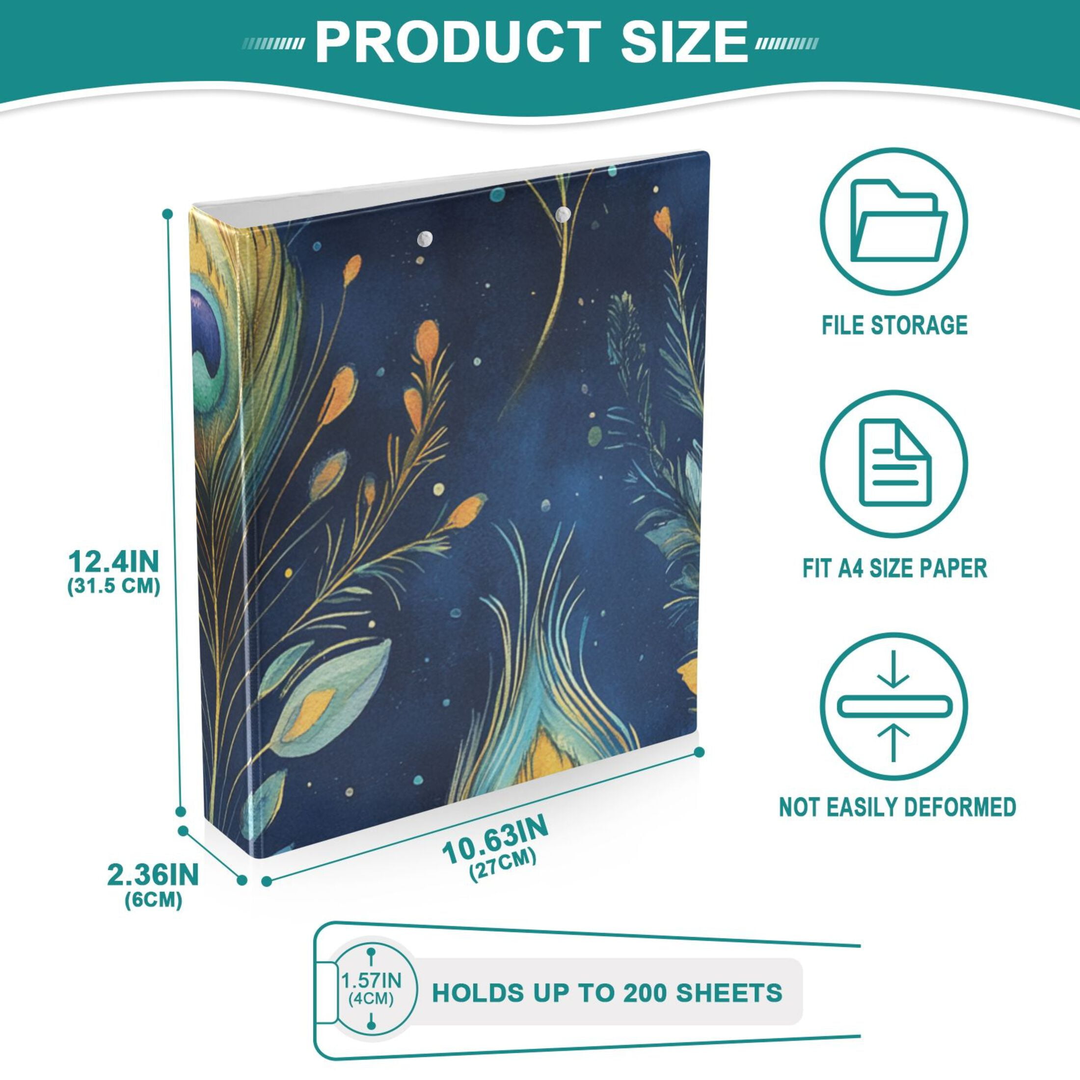 Peacock Feather and Leaves 3 Ring Binders 1.5 inch Hardcover File Folders with Interior Pockets A4 Size Organizer for School Office Hospital