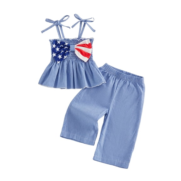 BemeyourBBs Toddler Baby Girl 4th of July Outfit Baby Girls Patriot Independent Day Clothes Star Striped Big Bow Tie Shoulder Smocked Babydoll Tops and Wide Leg Pants Set Baby Girls Summer Clothes