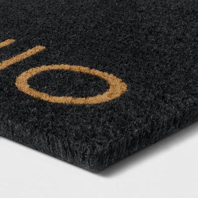 1'6"x2'6"/18"x30" Hello Coir Doormat Black - Outdoor Front Door Mat, Modern Typography, Medium Pile