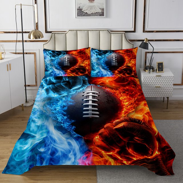 Ensemble de Courtepointe Football Glace Feu Simple pour Garçons Filles Enfants, Ensemble de Literie Sport Décor Football pour Chambre de Garçons, Ensemble de Couvre-Lit Rugby Rouge et Bleu 2 Pcs