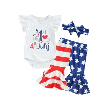 

Amuver Toddler Girl s Three-Piece Suit Independence Day Letter Print Fly Sleeve Romper + Flared Pants + Headband