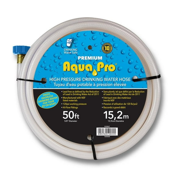 Aqua Pro Tuyau d'Eau Douce W20867 Non Chauffé; Diamètre de 5/8 de Pouce; Longueur de 50 Pieds; Matériau Homologué FDA; Sans Plomb; avec Préhenseur de Tuyau en Twist-Tite