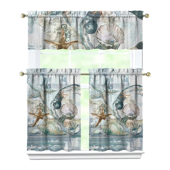 Kitchen Curtains 36 Inch Short - 3 Panel Set, Seashell Starfish Nautical Print, Rod Pocket Window Curtain for Tropical Beach Farmhouse, Sea Coral Cute Design, Easy Wash